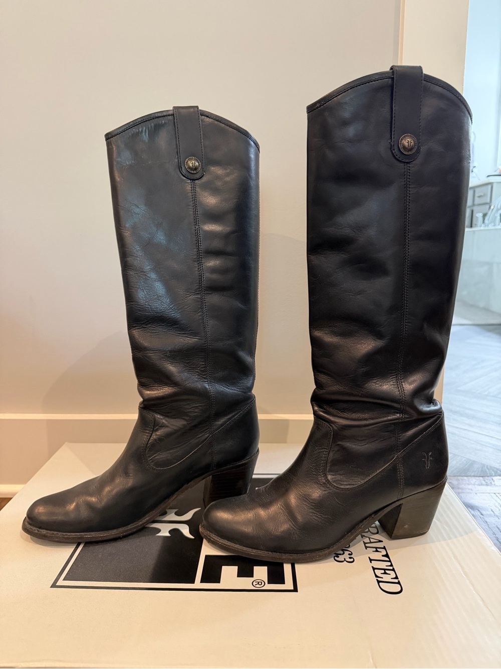 Frye Black Leather Knee-High Heeled Boots
